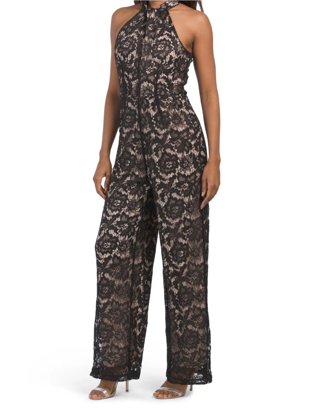 julia jordan Black Lace Halter-Neck Jumpsuit with Nude Underlay